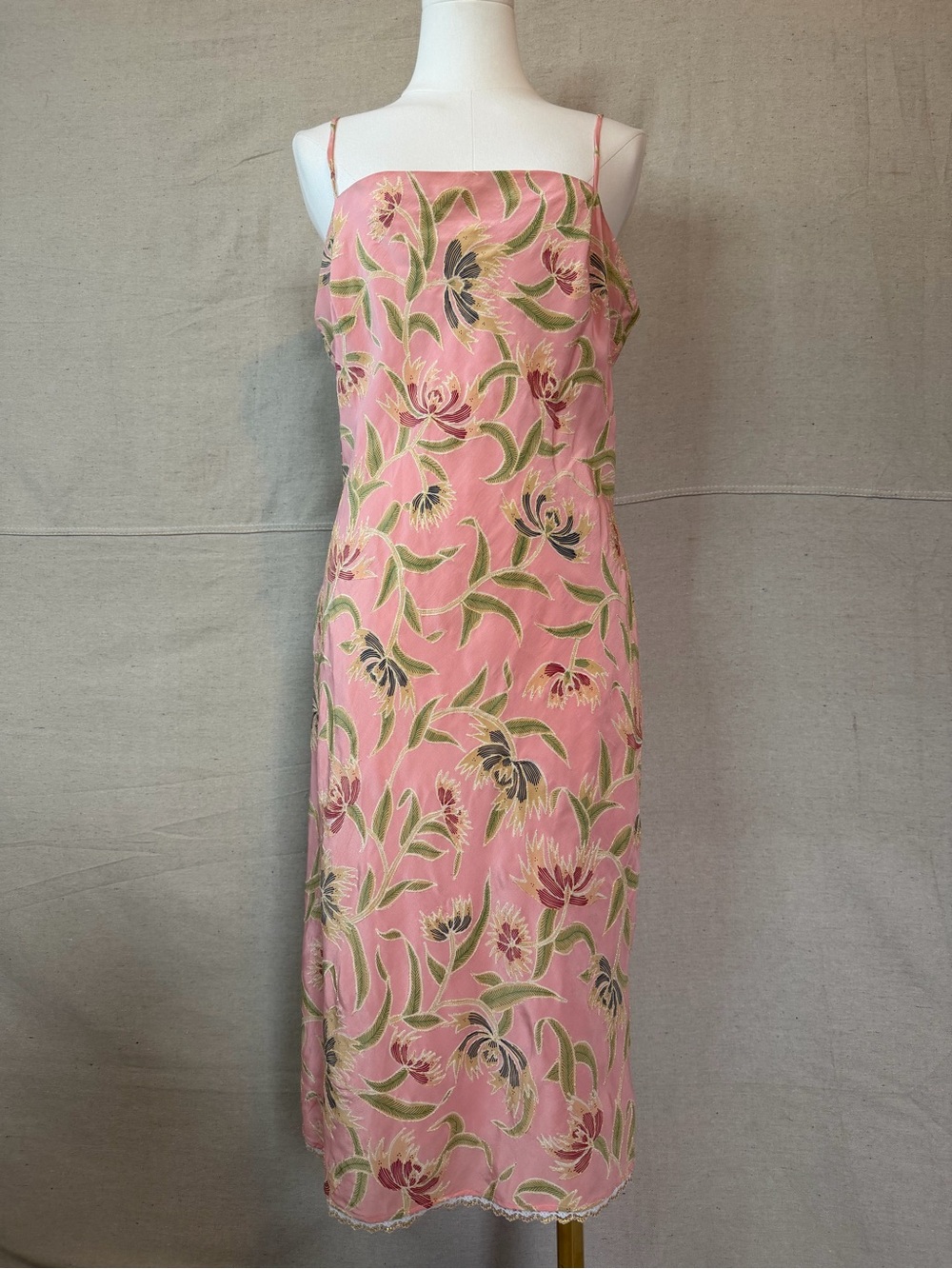 Hype Pink Floral silk Slip Midi Dress with Green Leaves